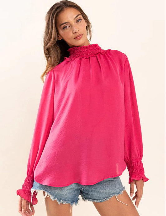 Ces Femme Fuchsia Pink Mock Neck Ruffled Blouse