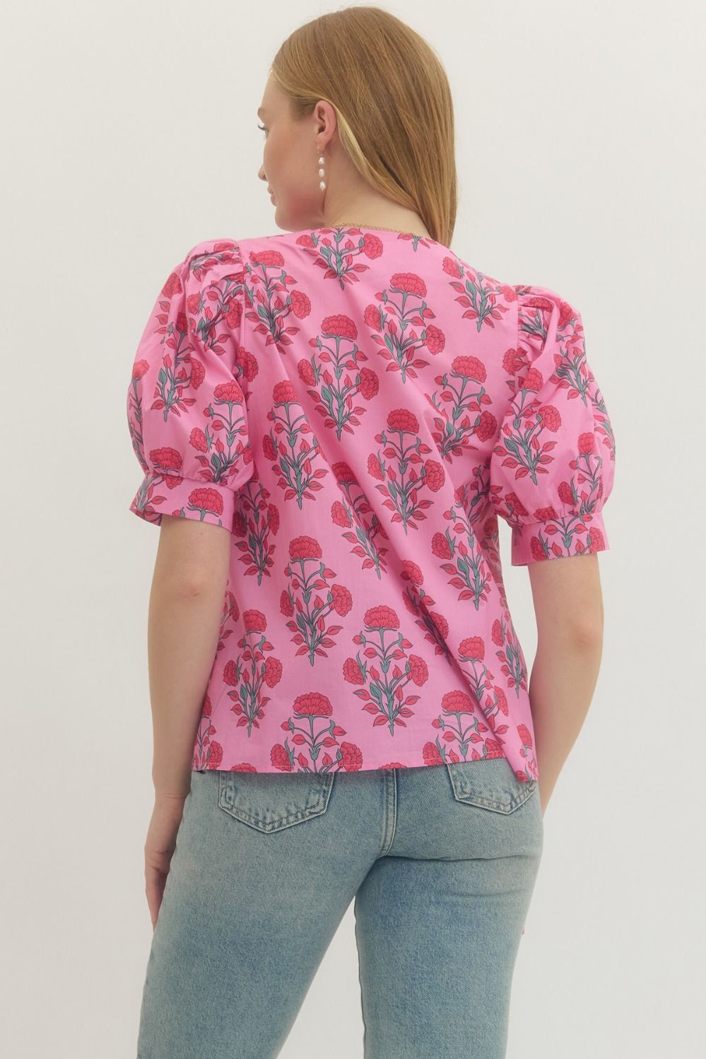 Pink Floral Appliqué Puff Sleeve Top