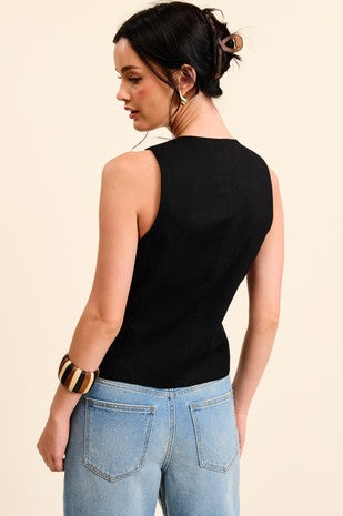 Black Button Down Linen Blend Waistcoat Vest