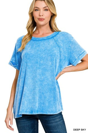 Deep Sky Blue Washed Ribbed Cuffed Short Sleeve Top