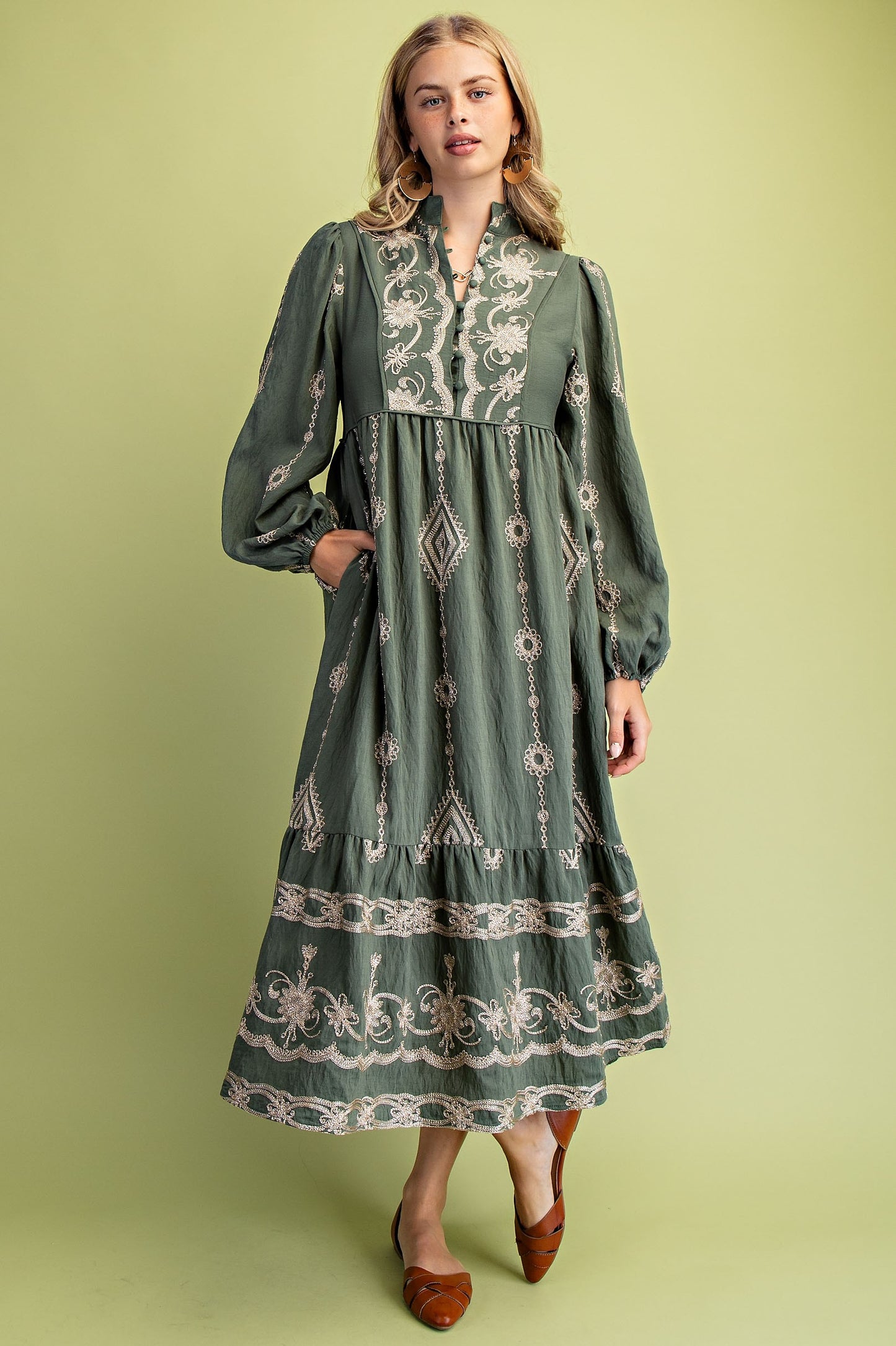 Olive Embroidered Midi Dress