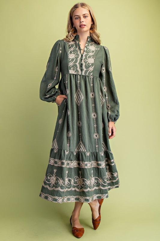 Olive Embroidered Midi Dress