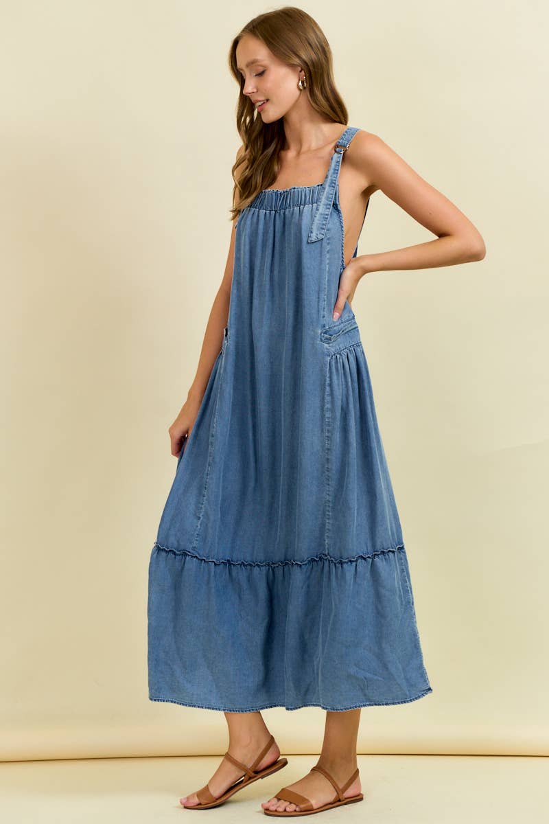 Dark Denim Maxi Overall Dress with Tiered Ruffle Detail