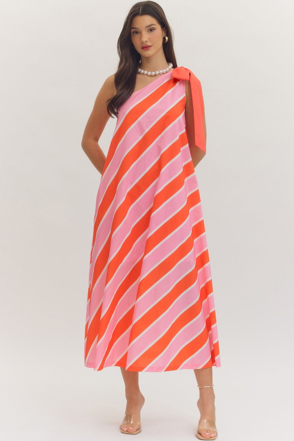Entro Pink & Orange Stripe Bow Detail One-Shoulder Midi Dress