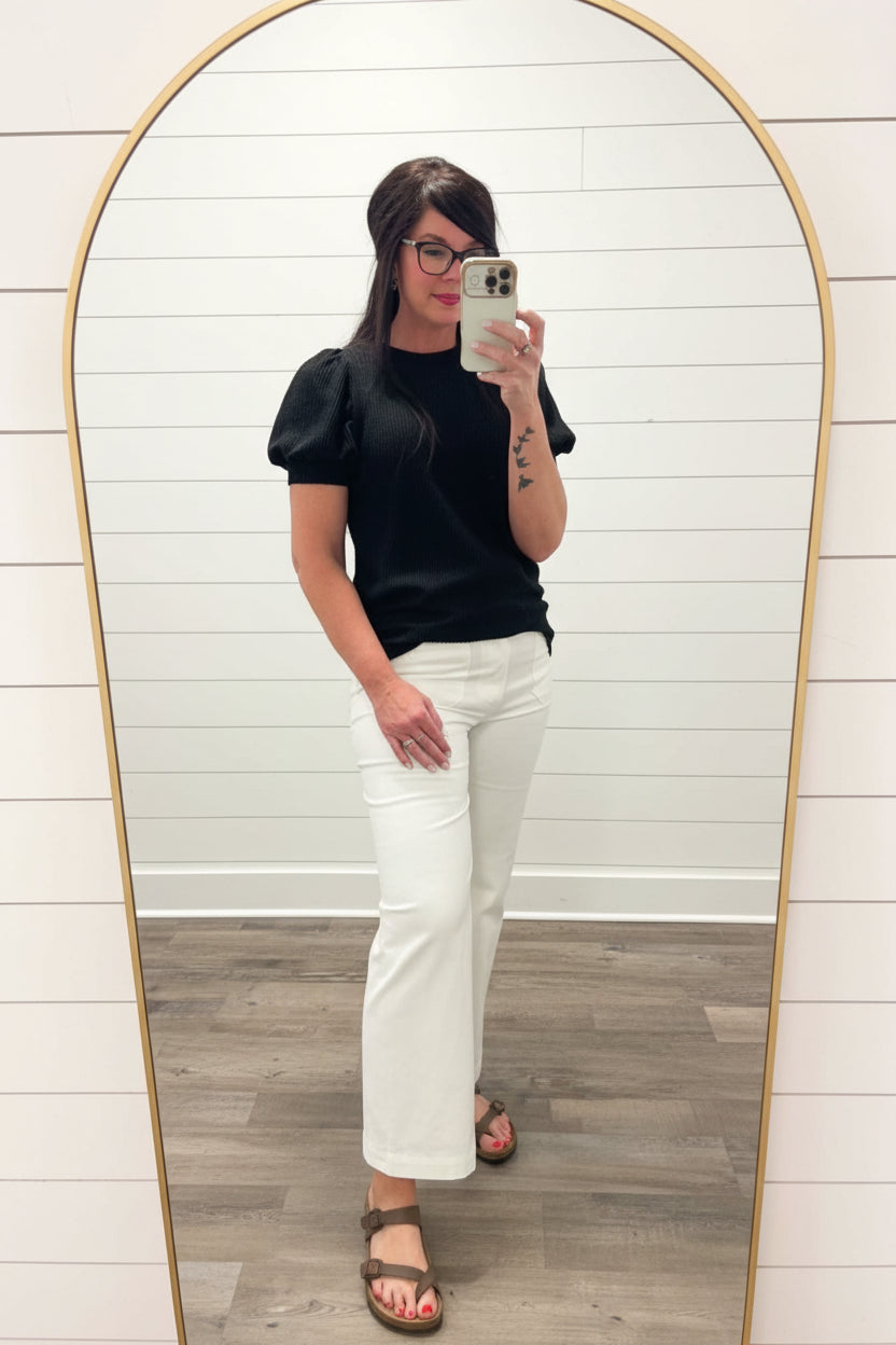Zenana Black Ribbed Puff Sleeve Top