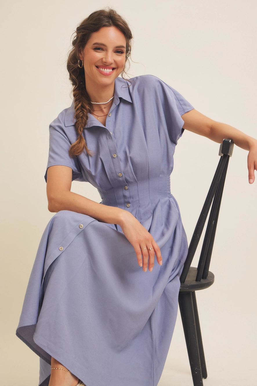 Steel Blue Pleated Midi Dress
