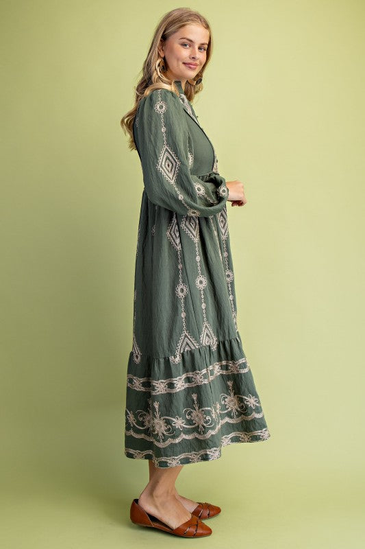 Olive Embroidered Midi Dress