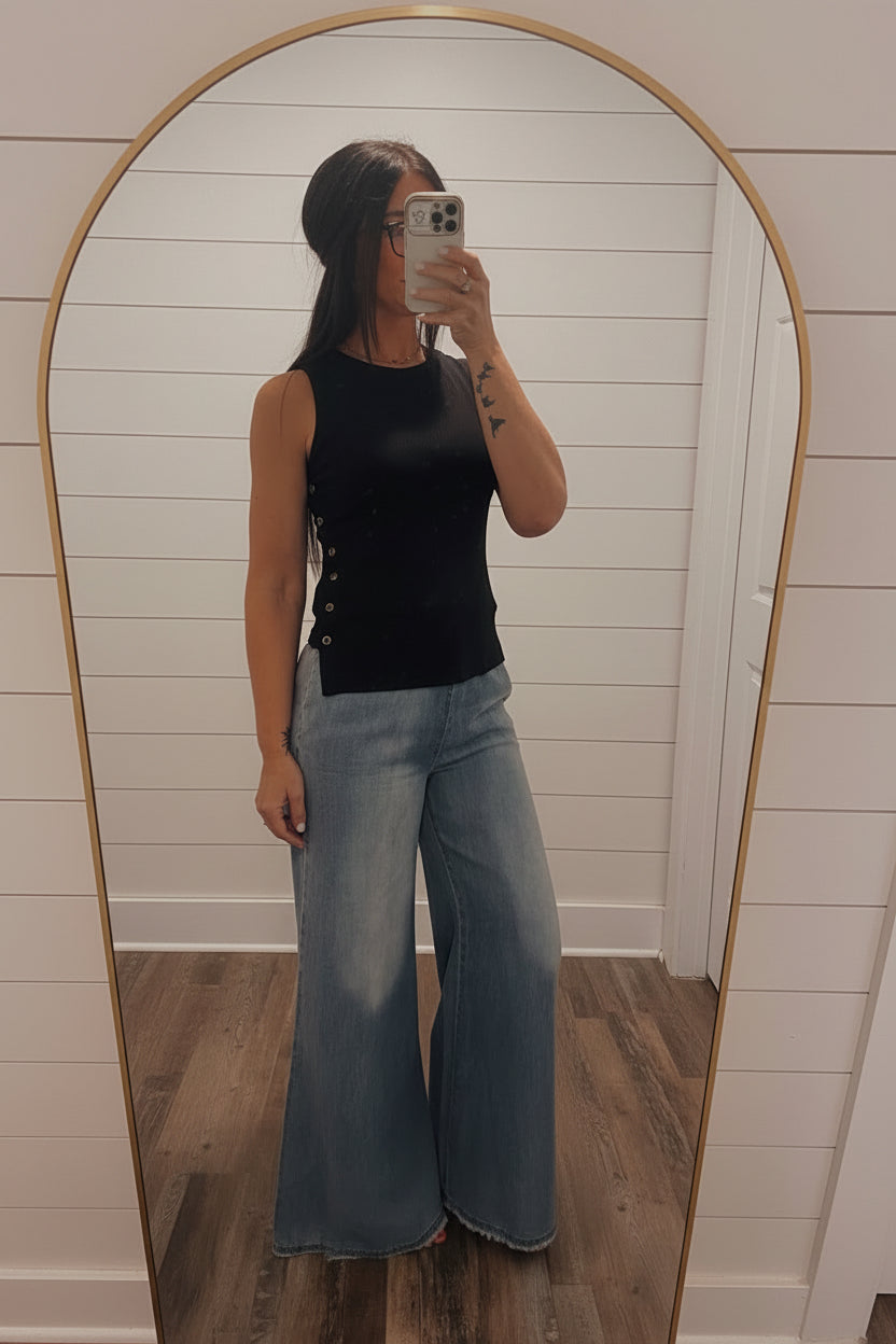 Light Wash Wide Leg Denim Drawstring Pants