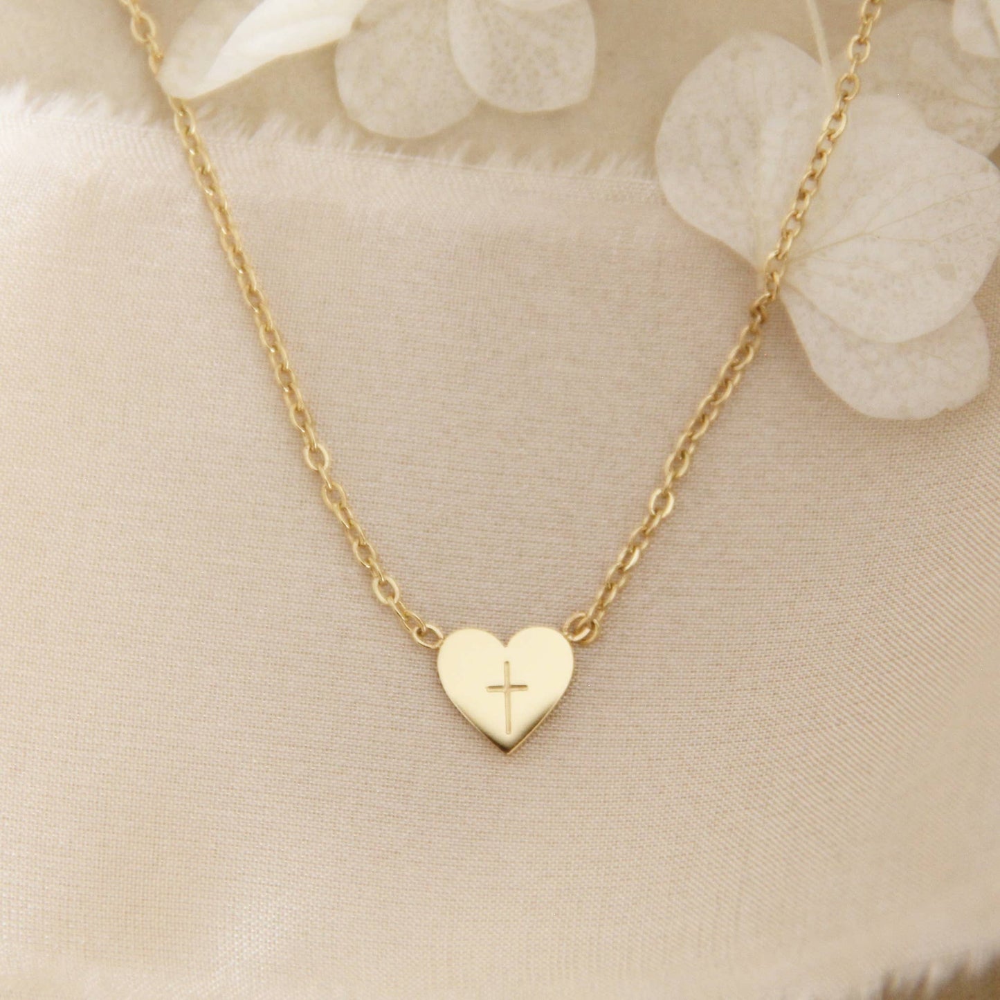 Tiny Heart Cross Necklace (Yellow Gold)