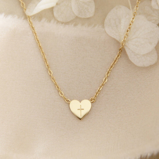 Tiny Heart Cross Necklace (Yellow Gold)