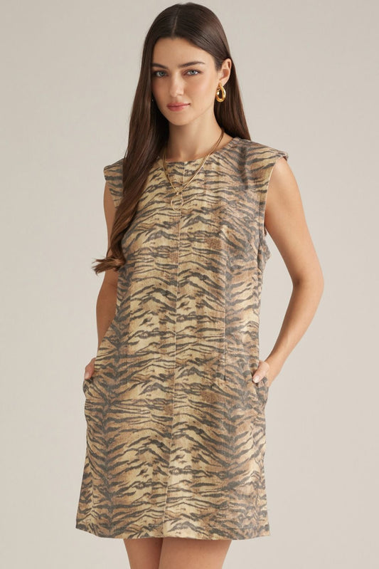 Brown Tiger Print Sleeveless Cotton Mini Dress