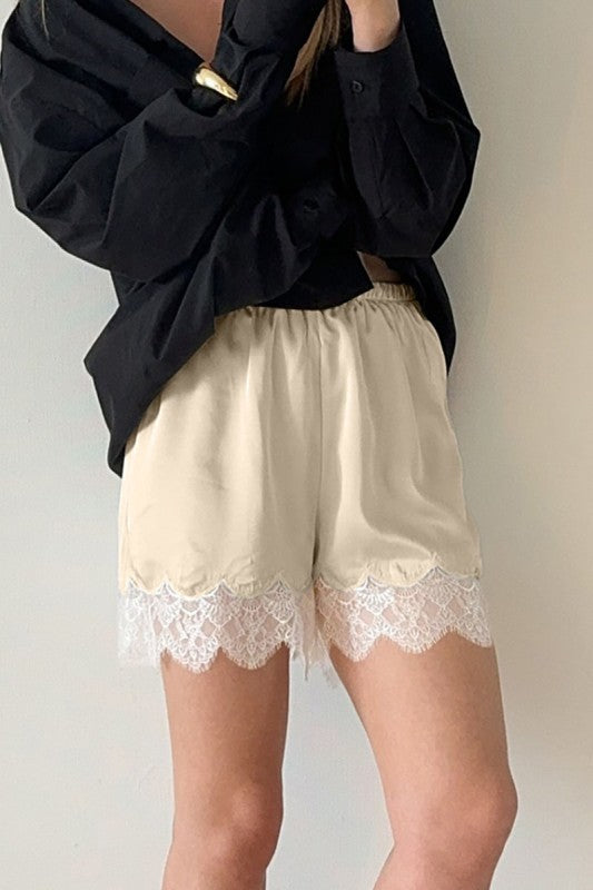 Beige Lace Trim Shorts