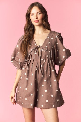 Brown Polka Dot Bubble Sleeve Romper