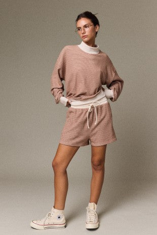 Brown and Cream Stripe Mock Neck Short Set