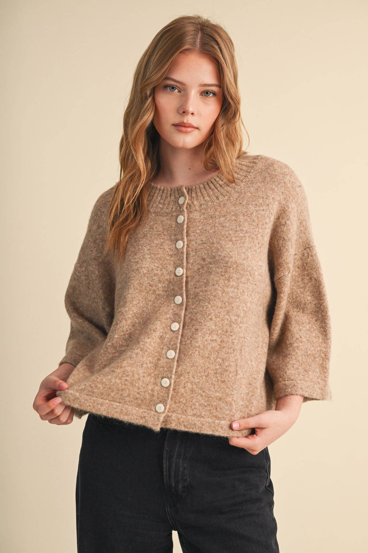 Mocha Brown Wide Sleeve Button Front Knit Cardigan