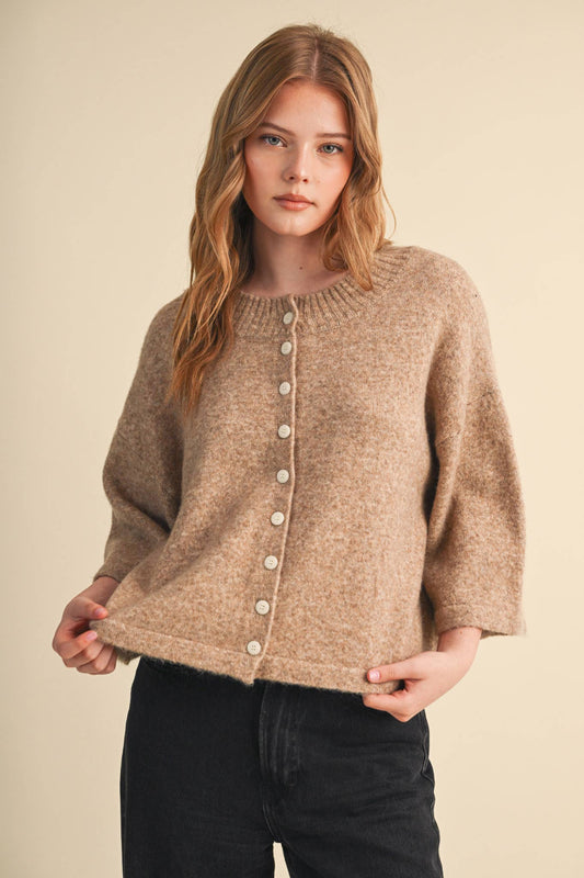 Mocha Brown Wide Sleeve Button Front Knit Cardigan