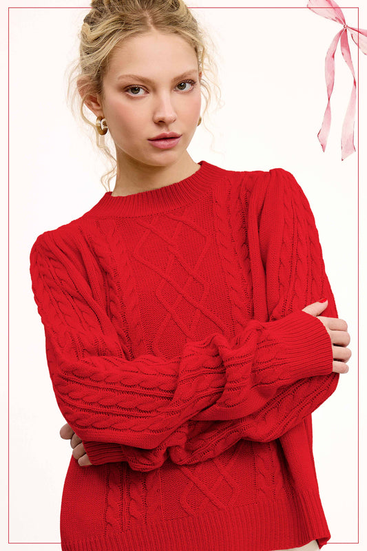 Red Crew Neck Cable Knit Sweater