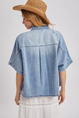 Bluivy Light Wash Denim Boxy Short Sleeve Button-Down Top