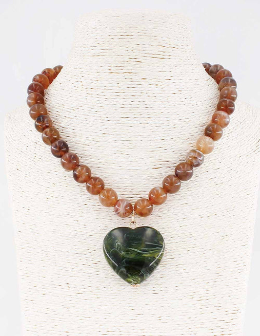 Brown Beaded Green Stone Heart Necklace