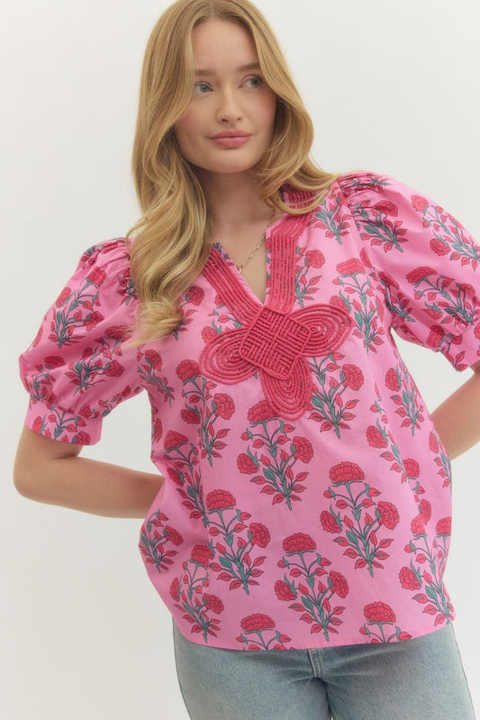 Pink Floral Appliqué Puff Sleeve Top