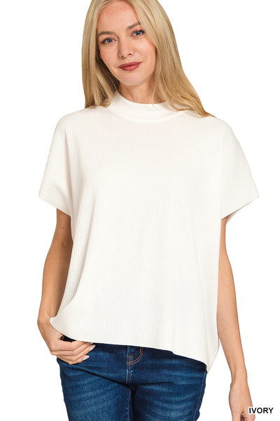Zenana Viscose Mock Neck Short Sleeve Boxy Sweater- Ivory