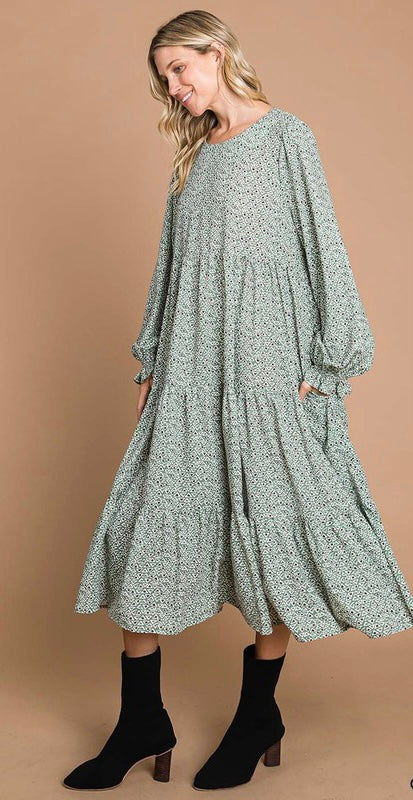 Sage Ethnic Print Midi Length Dress
