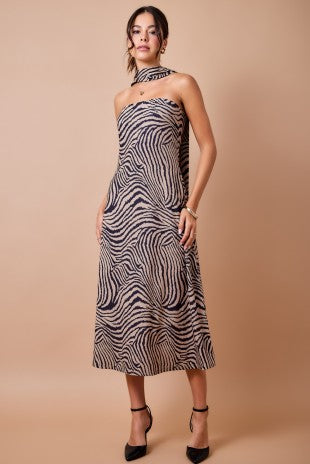 Brown and Black Strapless Tiger Print Midi Dress with Matching Scarf