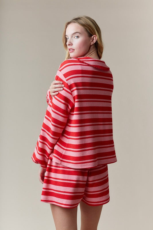 Pink & Red Stripe Textured Short Set