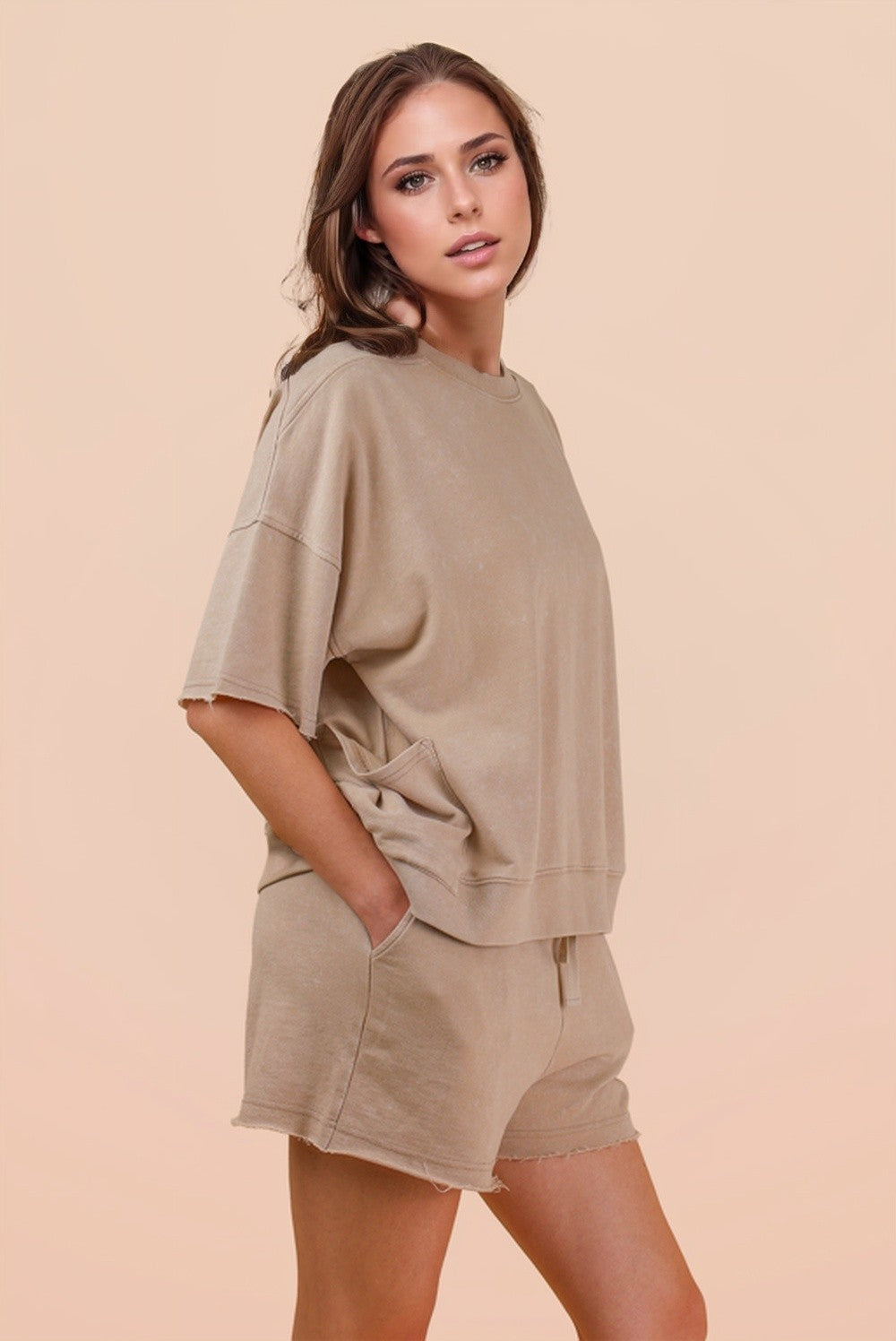 Beige Mineral Washed Knit Top & Shorts Set