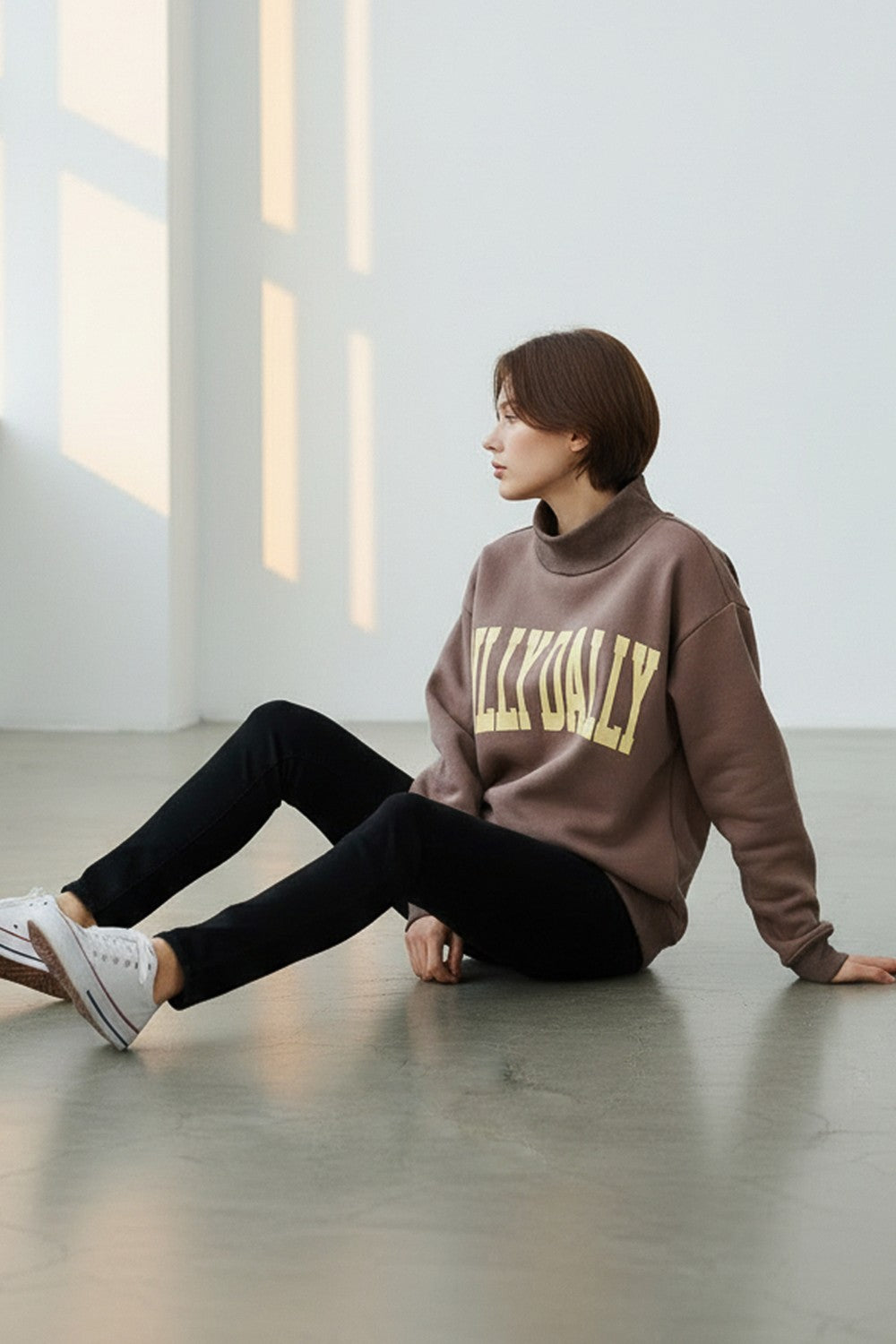 Brown DILLY DALLY' Print Mock-neck Oversized Sweatshirt