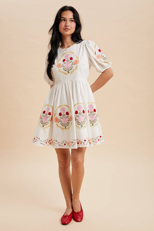 White Puff Sleeve Embroidered Floral Dress