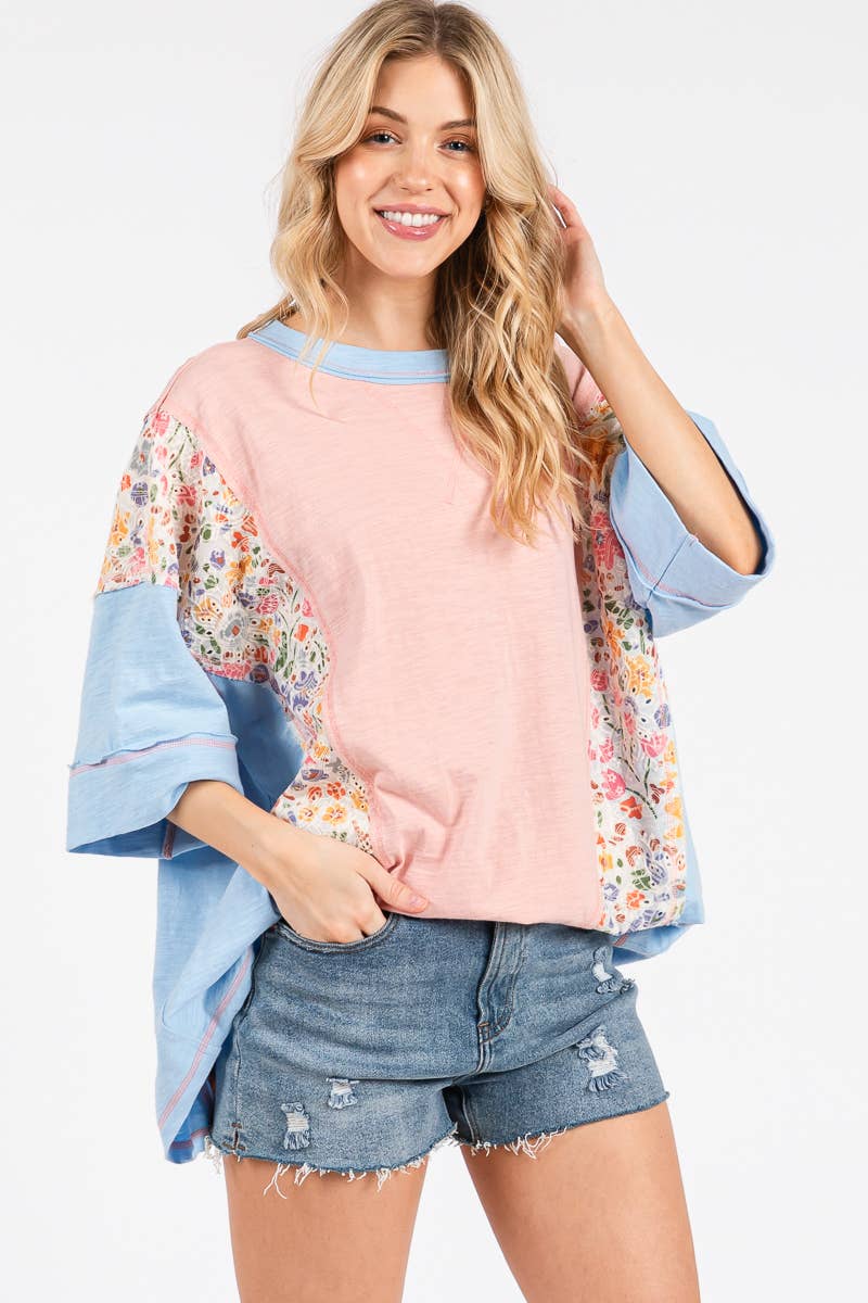 Dusty Pink Washed Floral Patchwork Oversized Tee