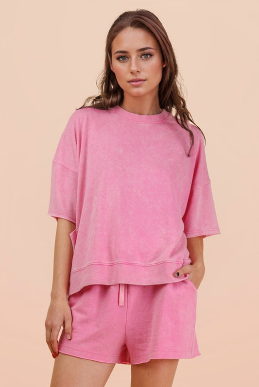 Pink Mineral Washed Knit Top & Shorts Set