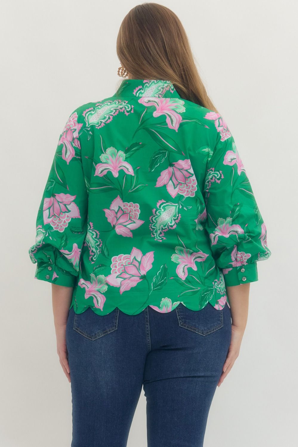Green Floral Scalloped Top