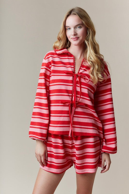 Pink & Red Stripe Textured Short Set