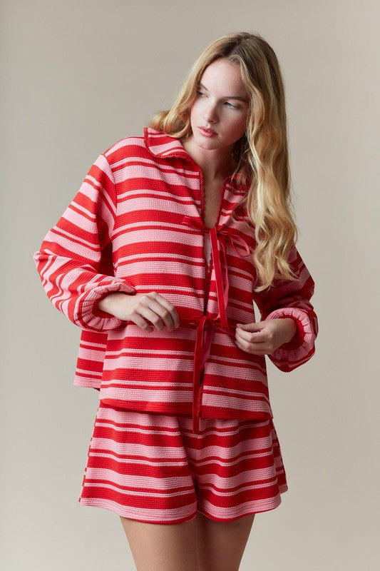 Pink & Red Stripe Textured Short Set