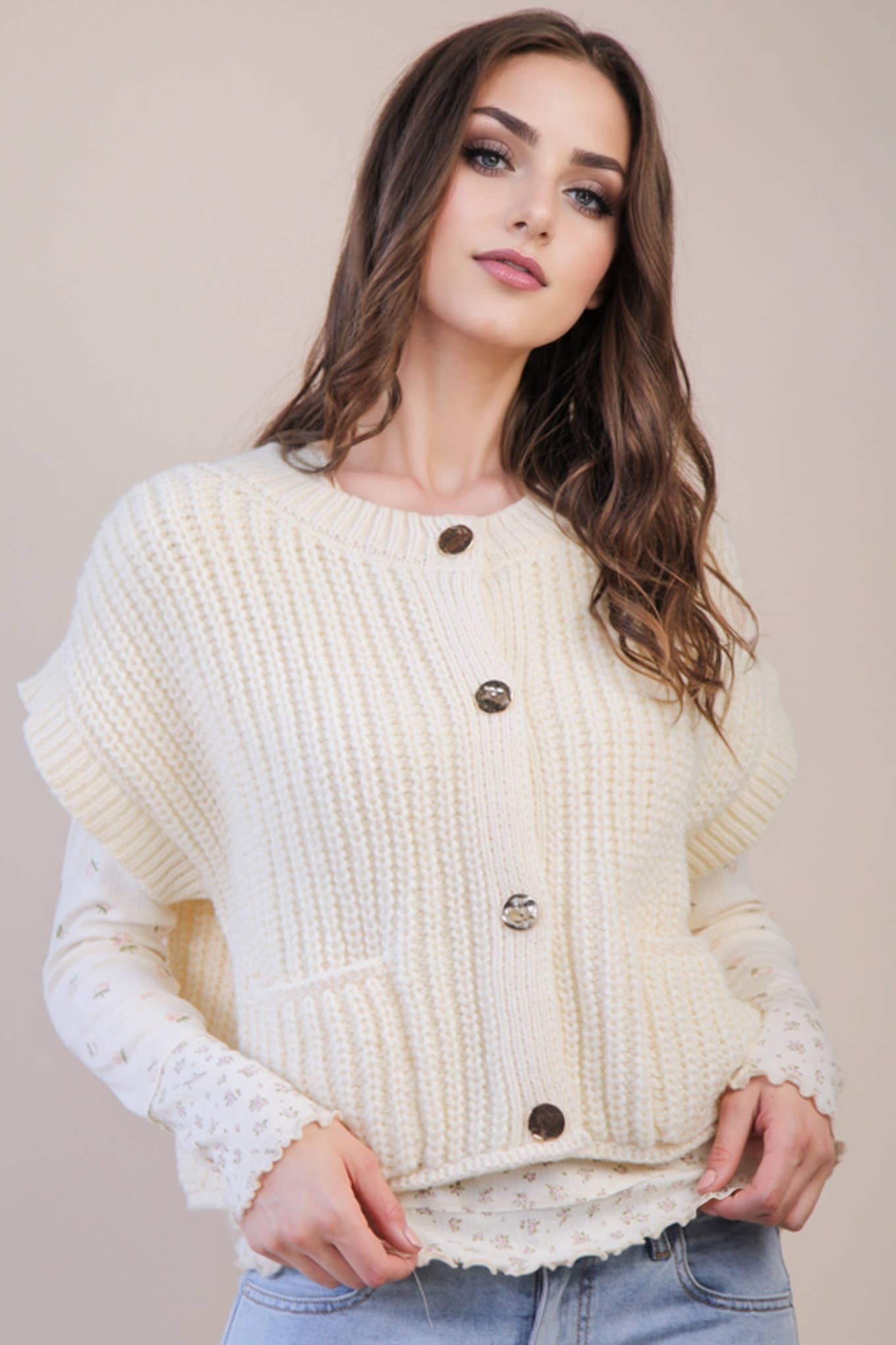 Cream Button Down Knit Sweater