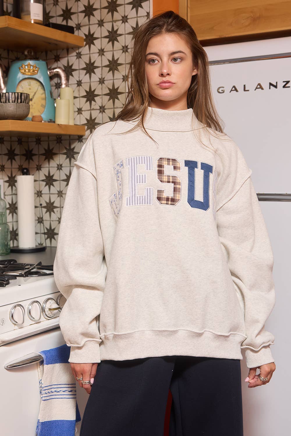 Gray Jesus Embroidered Oversized Mock-neck Sweatshirt