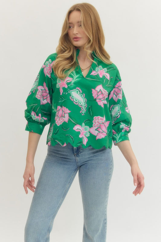 Green Floral Scalloped Top