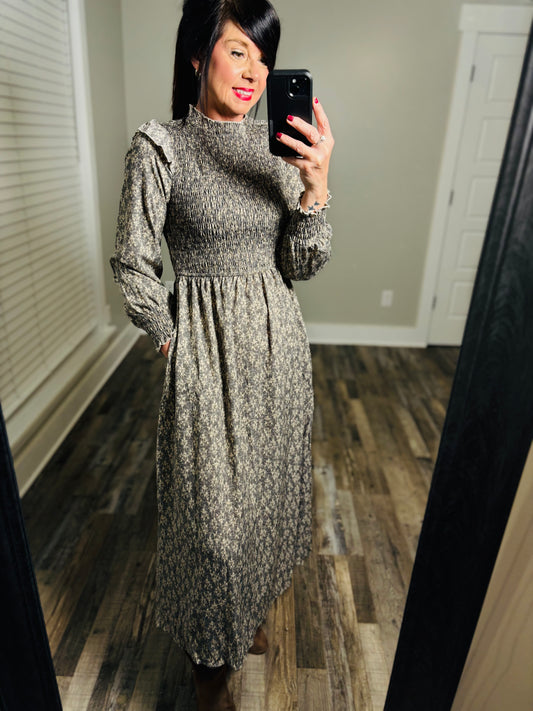 Gray Floral Print Smocked Maxi Dress