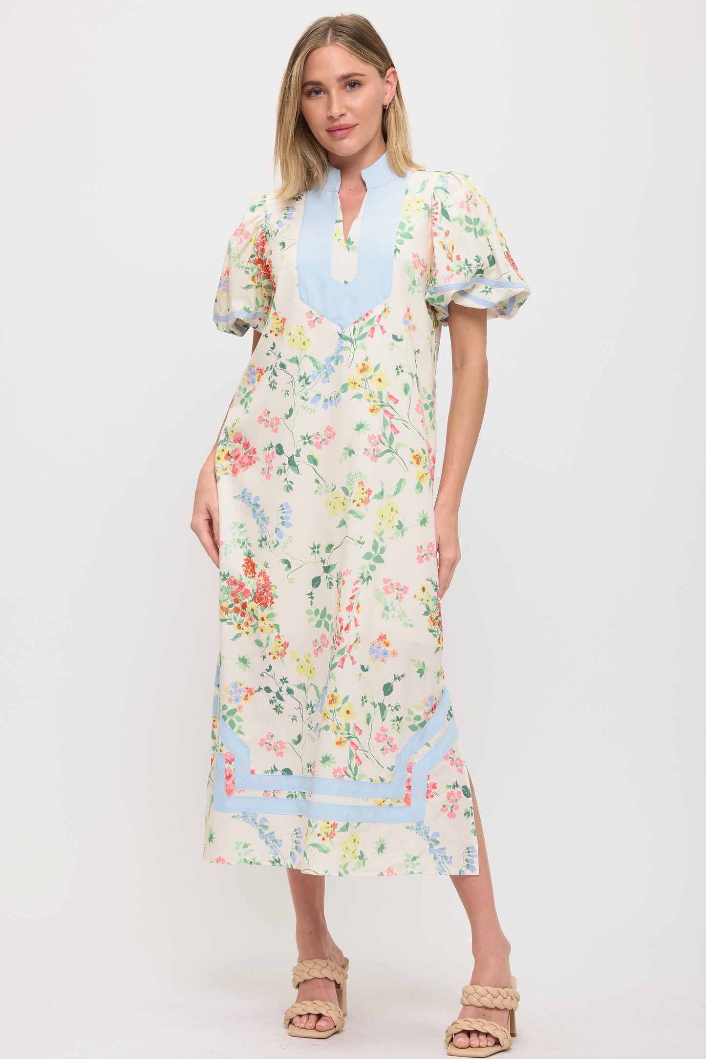 Floral Maxi Dress with Blue Contrast Trim & Puff Sleeves