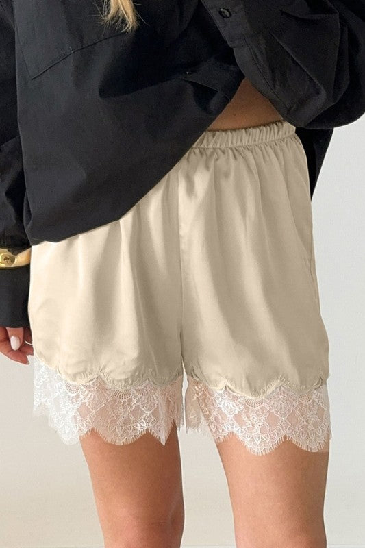 Beige Lace Trim Shorts