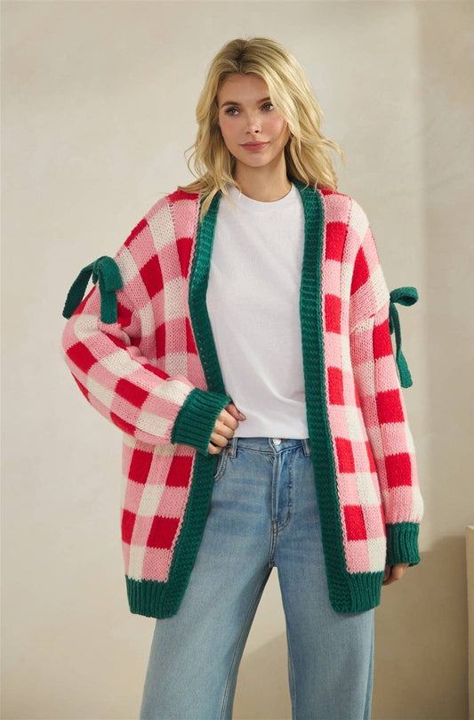 Pink & Green Checkered Bow Cardigan
