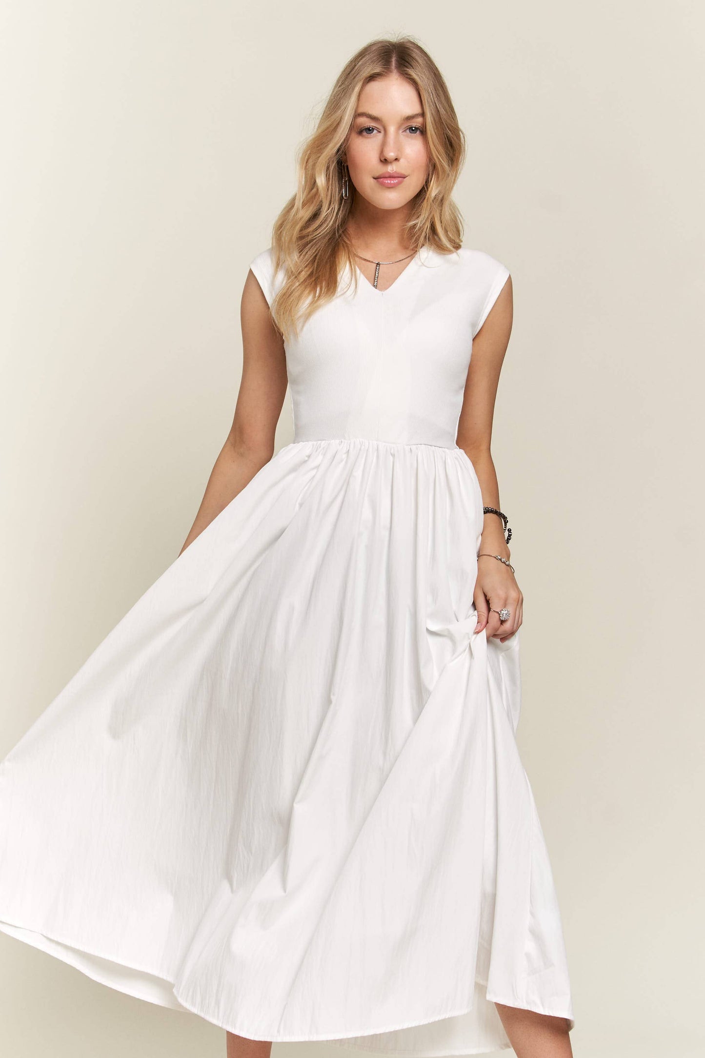 White Cotton Blend Midi Dress with Pockets