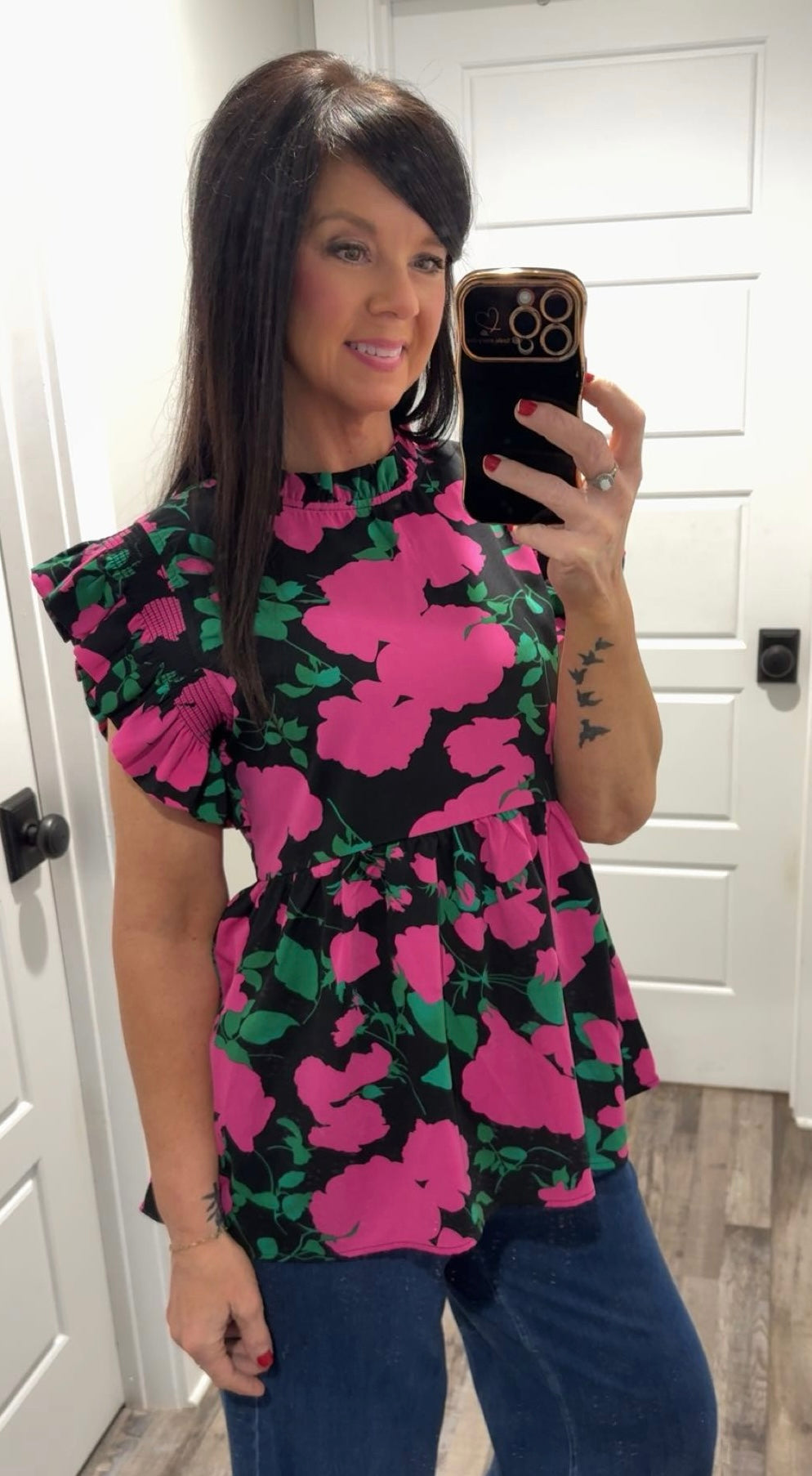 Jodifil Pink Floral Ruffled Sleeve Top