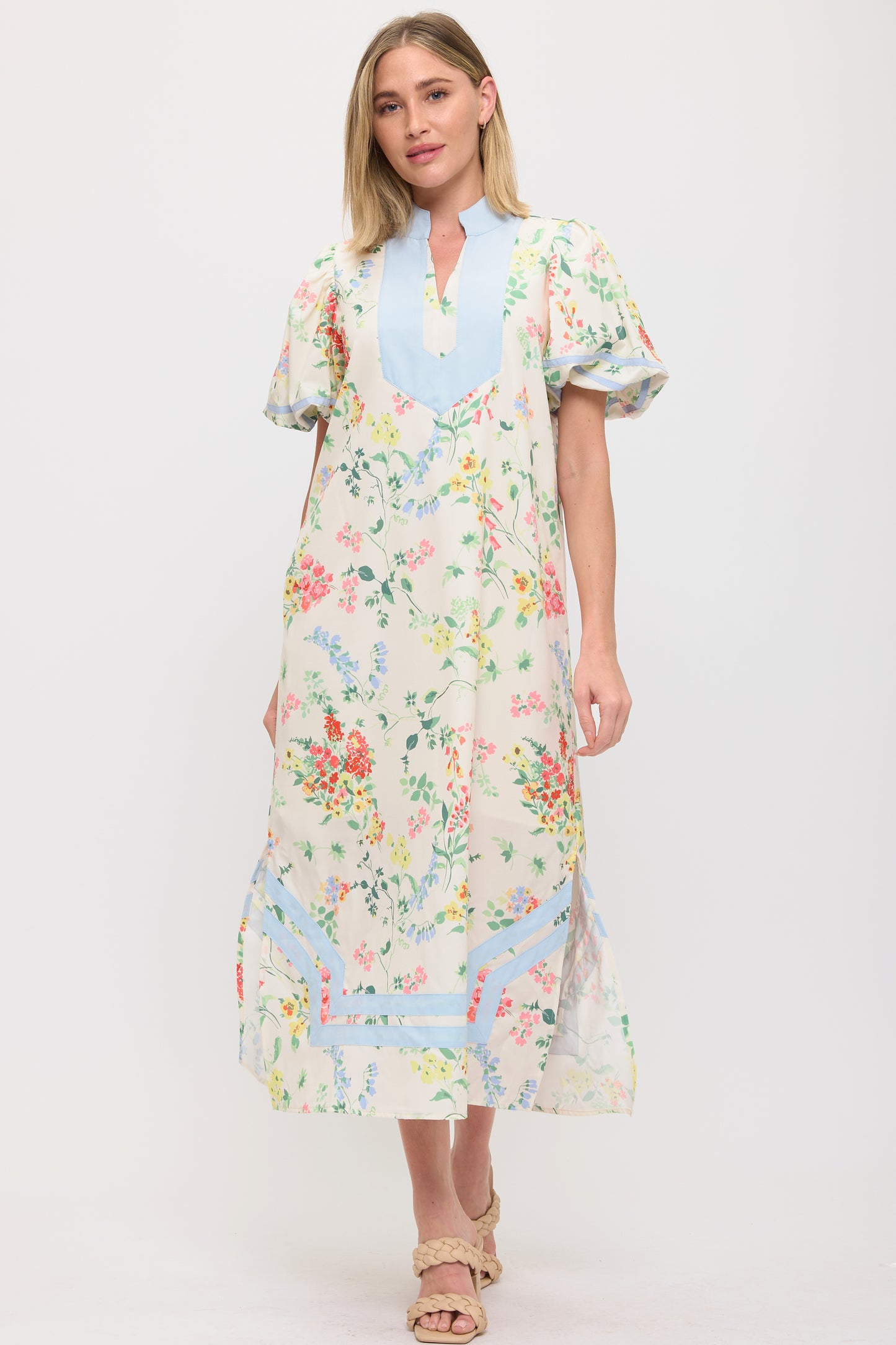 Floral Maxi Dress with Blue Contrast Trim & Puff Sleeves