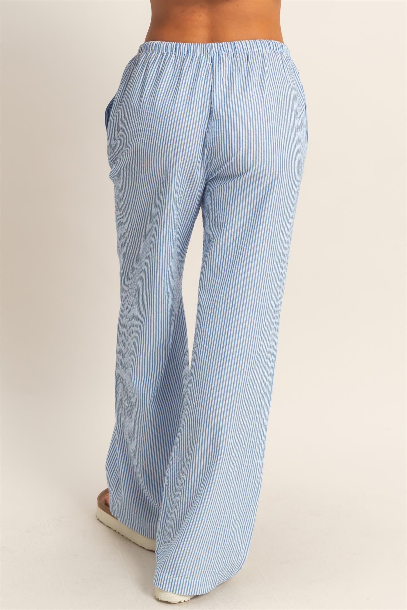 Blue Stripe Cotton Wide Leg Pants