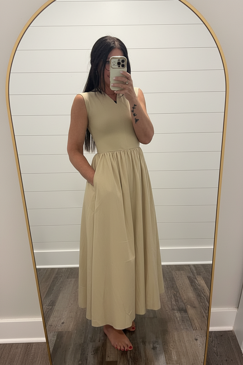 Beige Casual Tank Midi Dress with Pockets