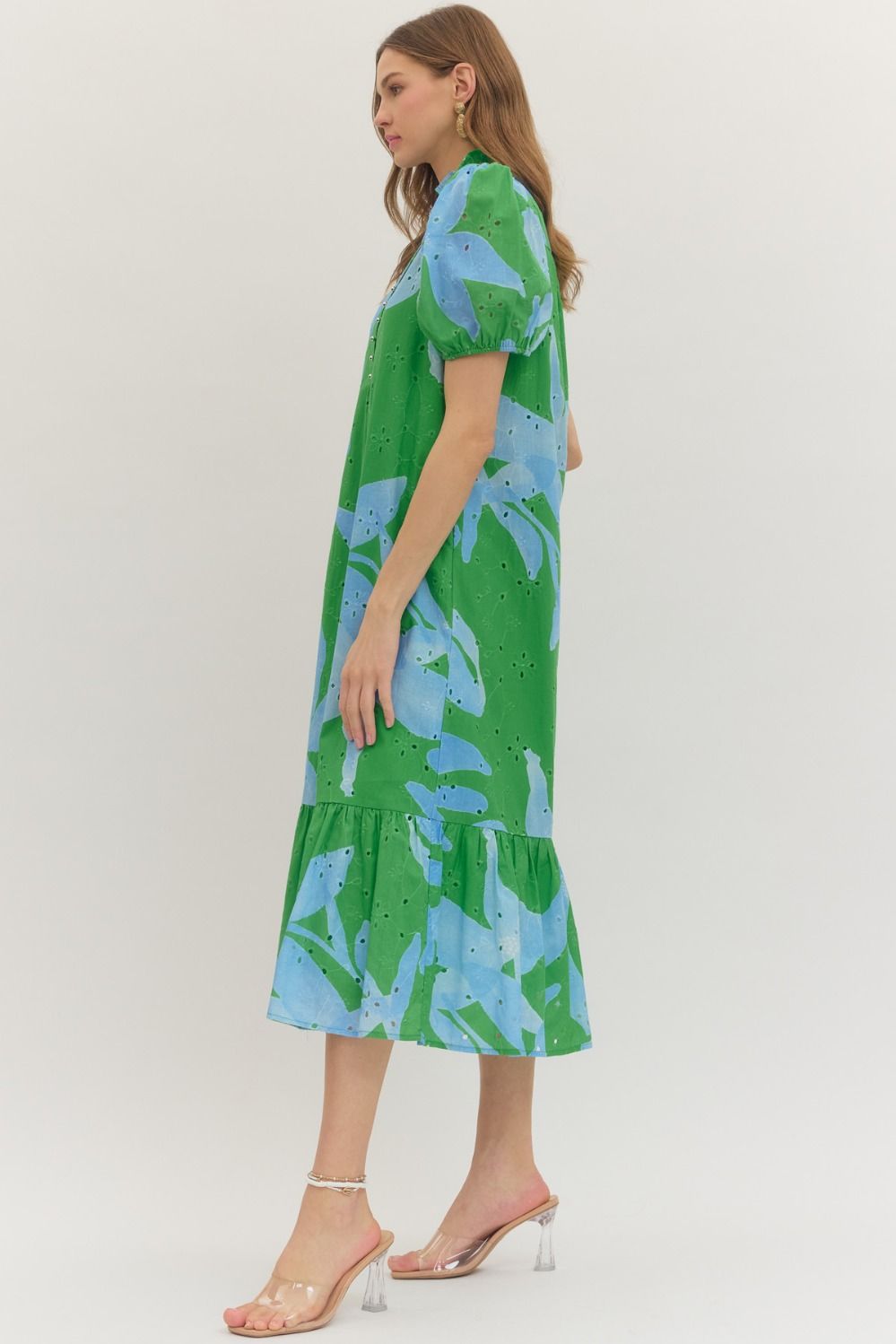 Entro Green & Blue Botanical Print Eyelet Midi Dress