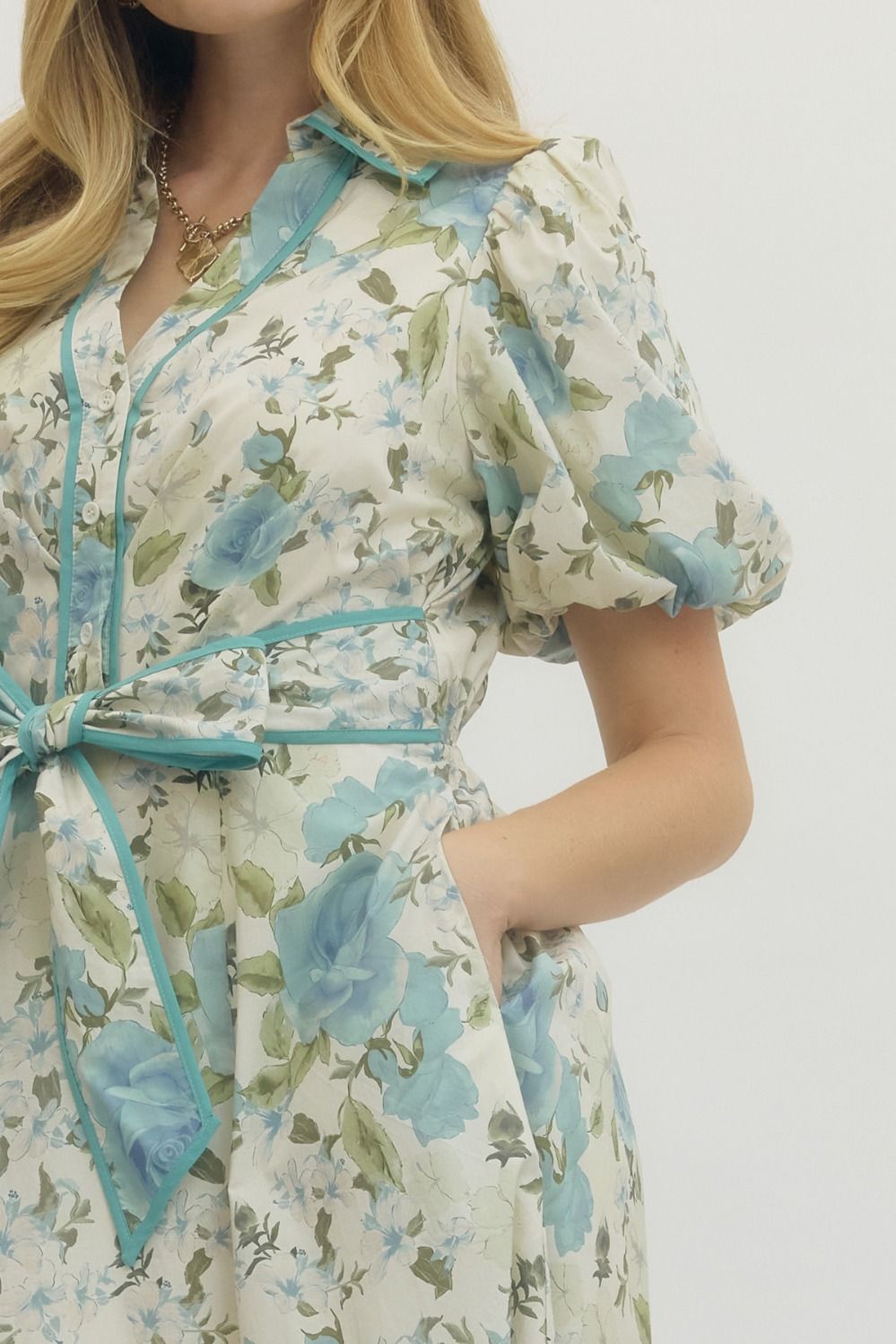 Blue Floral Print Midi Dress
